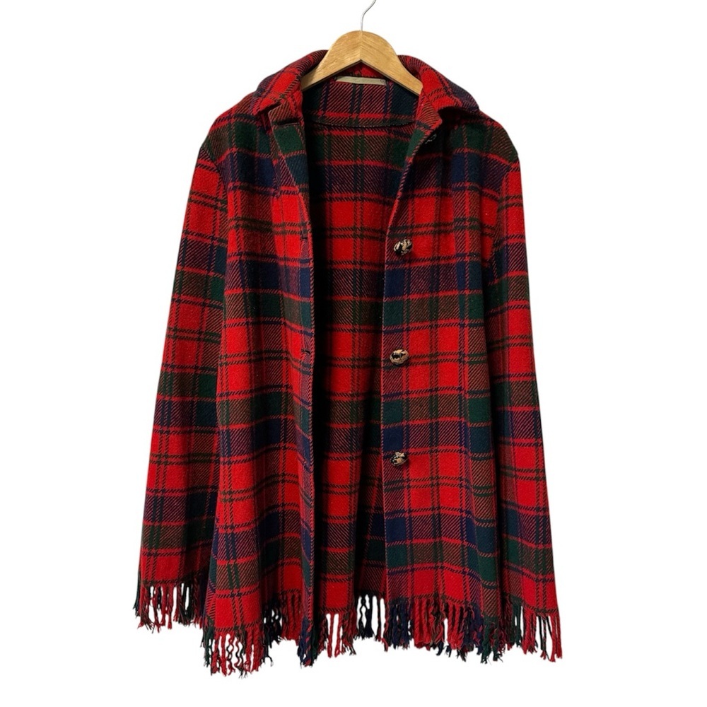 Vintage Robertson Tartan Wool Poncho Red Plaid‎ Blanket Fringe Cape Shawl Coat - Picture 2 of 13